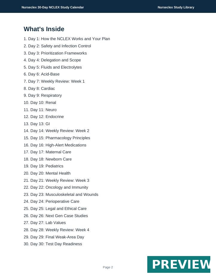 Nurseclex 30-Day NCLEX Study Calendar - Contents